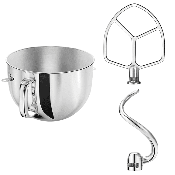 6QT Stainless Steel Mixing Bowl, Flat Beater & Dough Hook 3-Piece Set for KitchenAid 5-6QT Bowl-Lift Stand Mixers, Heavy Duty, Dishwasher Safe, Compatible with Professional 600 Series, KSM5, KV25