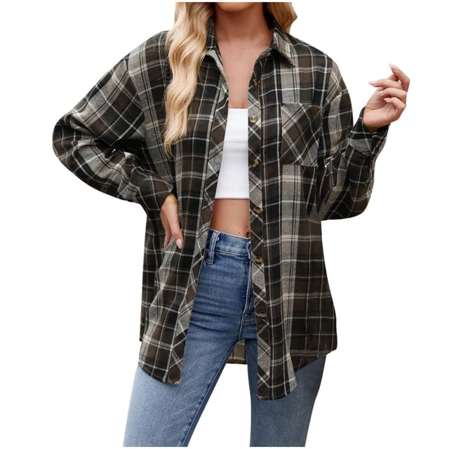 2025 Chemises de Compression Décontractées Amples pour Femmes d'Automne pour Femmes Grande Taille Chemise à Manches Patchwork à Carreaux Col Montant Chemise pour Femmes