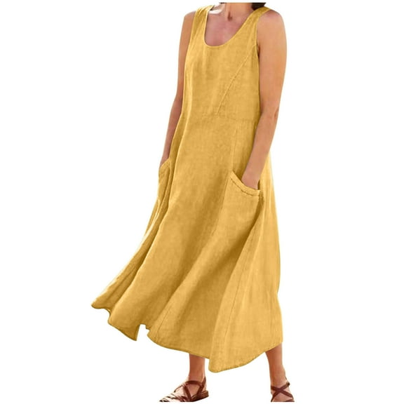 Plus Size Dress for Women Scoop Neck Loose Fit Flowy Trendy 2025 Vacation Swing Midi Beach Tank Sundress with Pocket