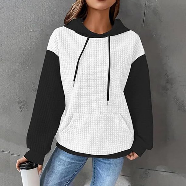 Ailaofu Women's Hooded Sweatshirt Waffle Long Sleeve Drawstring Knit Color Block Hoodies Pullover