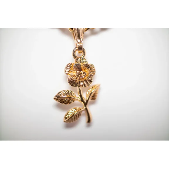 14k Bonded Gold Necklace with Pink Rose Pendent, Best Christmas Unisex Gift for Women, Men Mother, Father, Girlfriend, Boyfriend, Her, Him, Cuban Chain with Charm by Artisan Jeweler