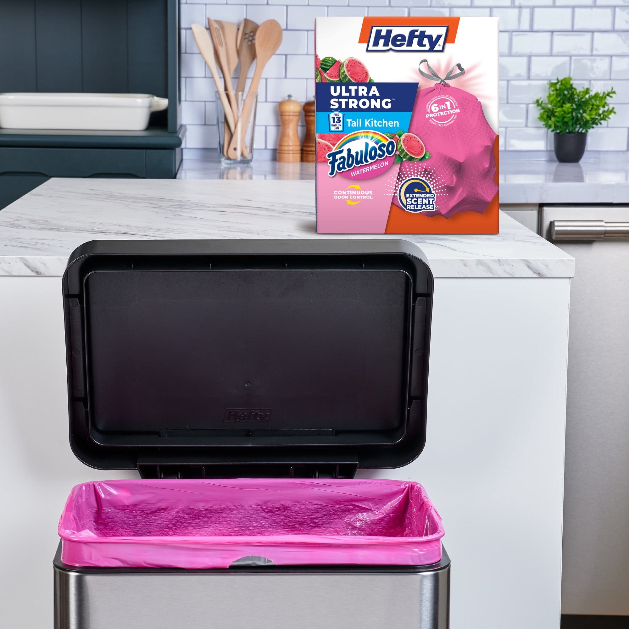 (3 pack) Hefty Ultra Strong 13 Gallon Trash Bags, Tall Kitchen Trash Bags, Pink, Fabuloso Watermelon Scent, 80 Bags