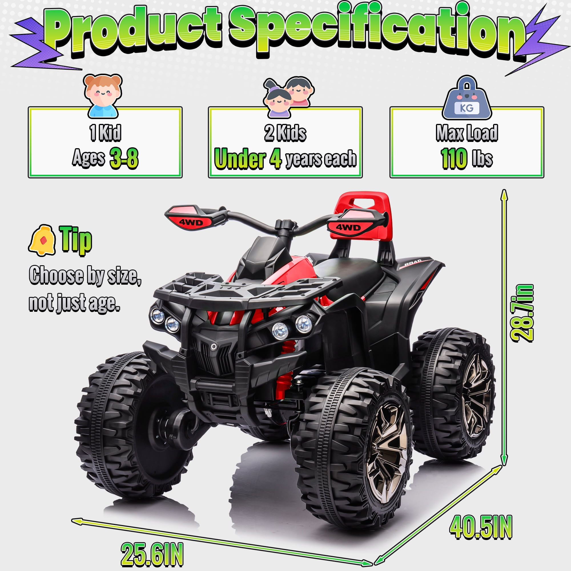 Joyracer 4WD ATV for Kids, 24 Volt Ride on Toys, Power ATV Wheels with 800W Motor, Remote, Bluetooth Music, Horn, LED for Big Kids Gift, Red