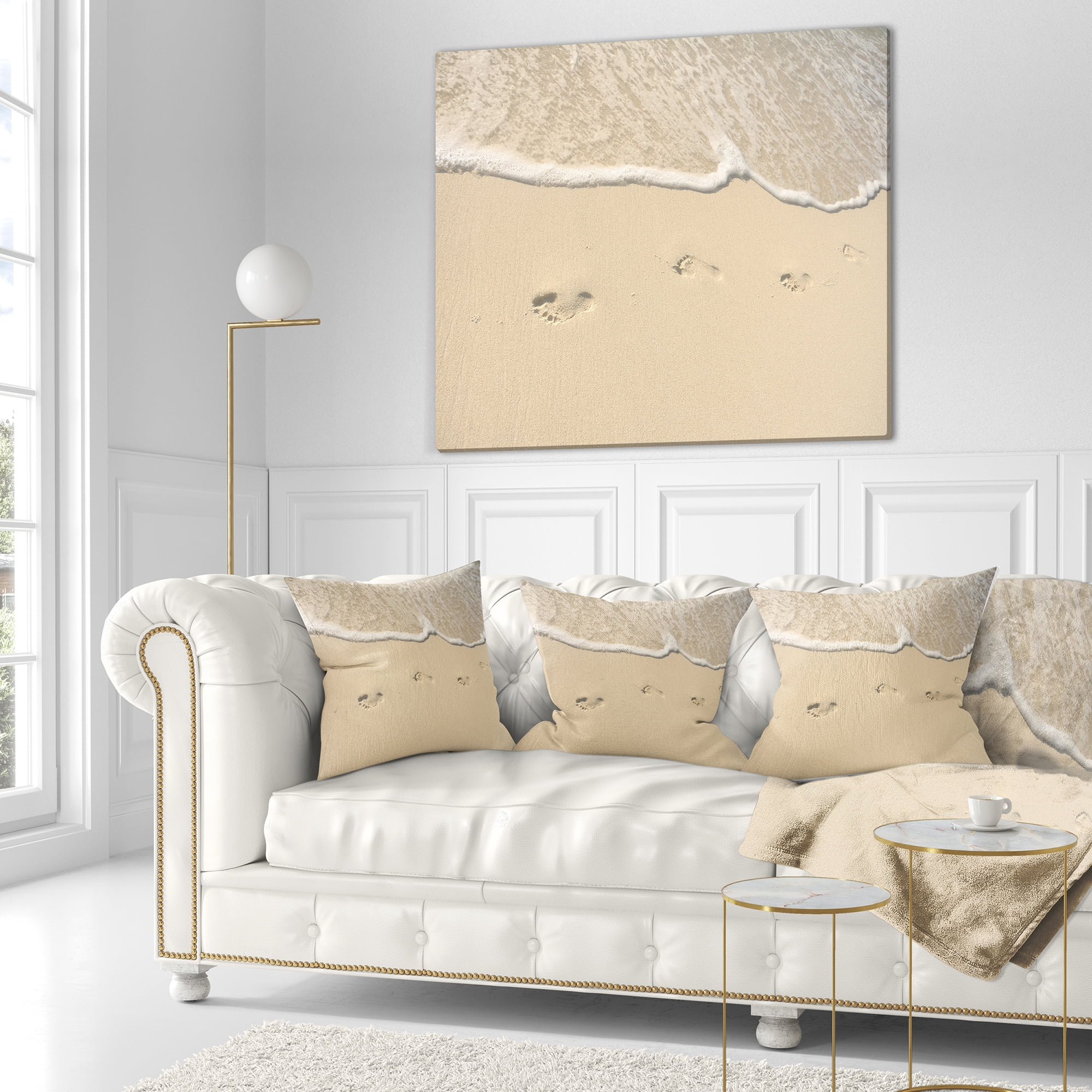 Designart Footprints in Sand on the Beach - Modern Seascape Throw Pillow - 16x16