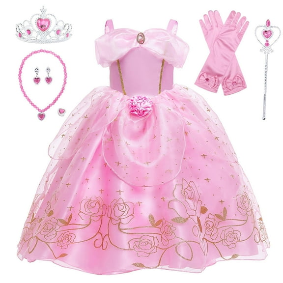 Benylion Girls Aurora Princess Costumes for Halloween Party Fancy Dress up with Accessories for 5-6 Years