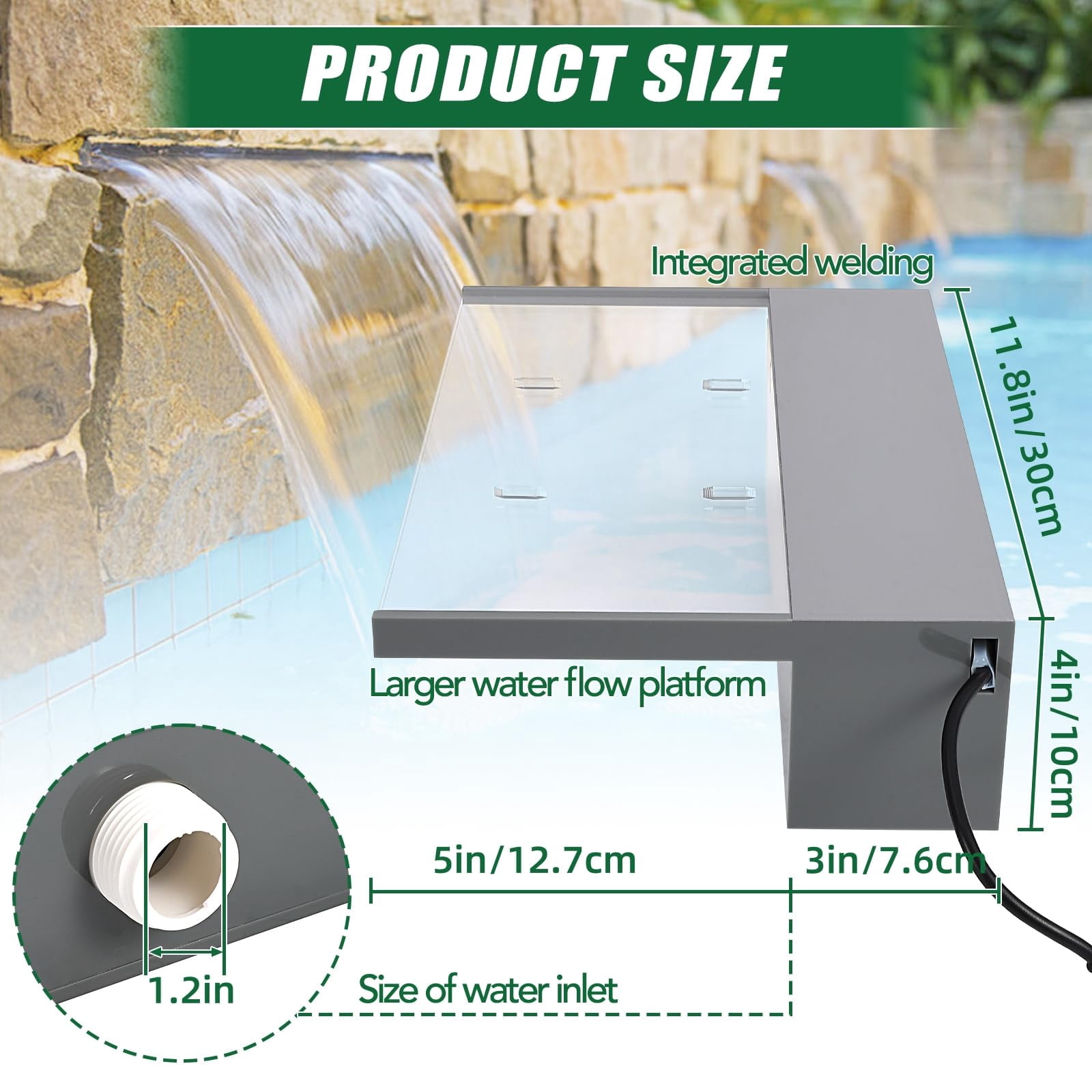 Ataucjin 12" Pool Fountain Acrylic Pool Waterfall Spillway 11.8" x 4.5" x 3.1"(W x D x H) Outdoor Fountain with Pipe Connector, 9 Colors Led Strip Light for Garden Patio Swimming Pool Decoration