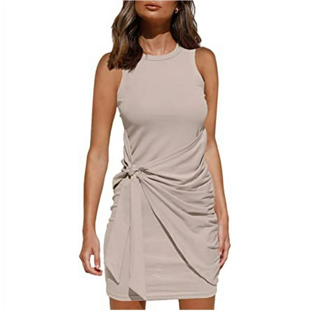 Women's Sleeveless Crew Neck Tank Dress Tie Waist Ruched Bodycon Mini Dress