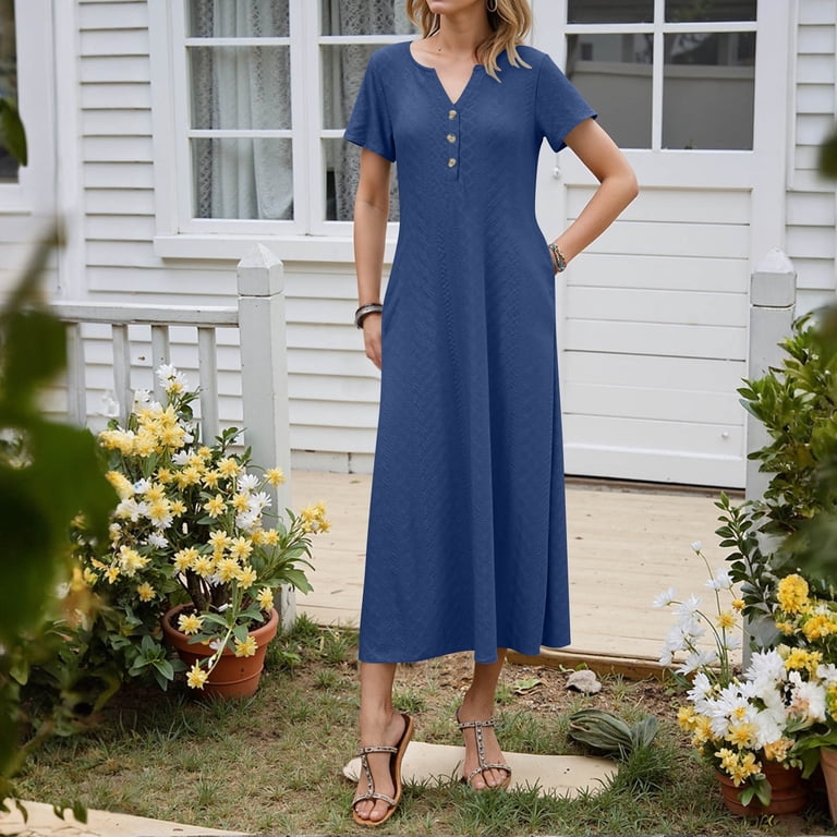 SMihono Stylish Maxi Dresses for Women 2025 Short Sleeve Solid Casual  Dresses Button V Neck Summer Boho Beach Dress with Pockets Blue M -  Walmart.com
