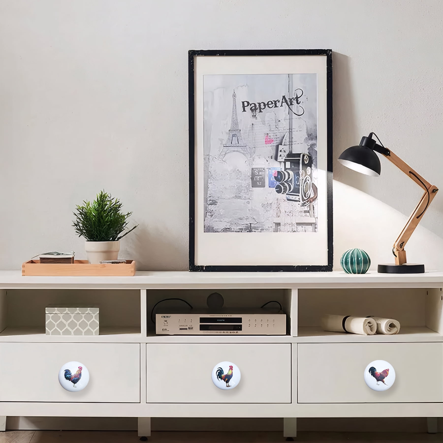 Jamjam Ceramic Animal Cabinet Knob 8Pack Rustic Farmhouse Colorful Chicken Dresser Drawers Knobs Pulls 1.5 X 1.5 Inches