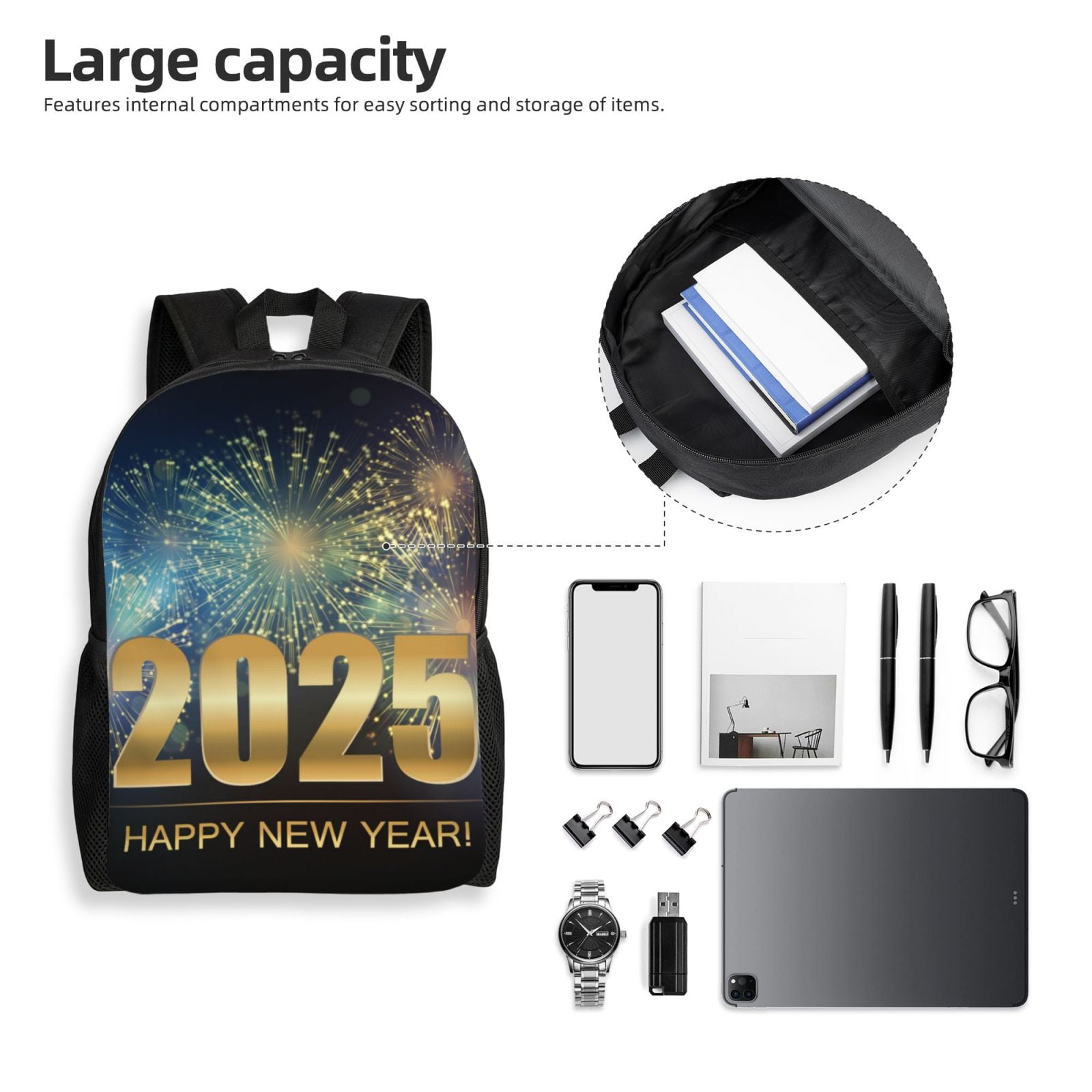 Xecao 2025 New Year 5 Print School Backpack with Laptop Compartment Small Travel Laptop Backpack for Women Men Waterproof College Backpack Simple School Bag