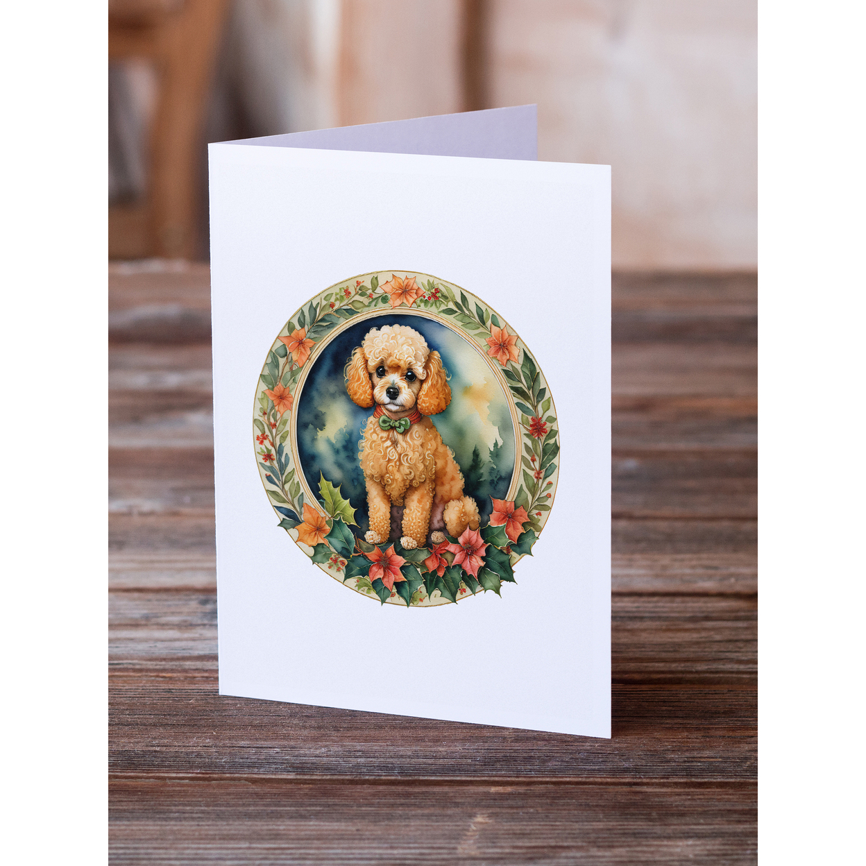 Poodle Christmas Flowers Greeting Cards Pack of 8 7 in x 5 in
