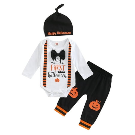 

Toddler Baby Boys Girls My First Halloween Outfit Long Sleeve Gentleman Romper + Pumpkin Print Pants + Hat