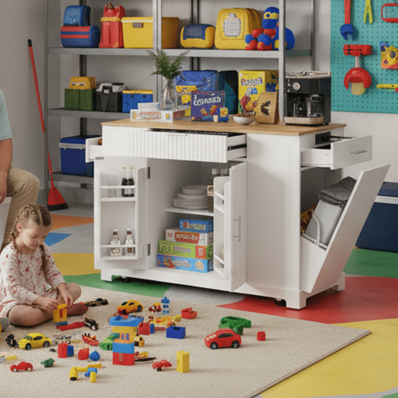 Homy Casa 48" Garage Storage Cabinet with Power Outlet, Shelves, Side Storage, for Workshop, White