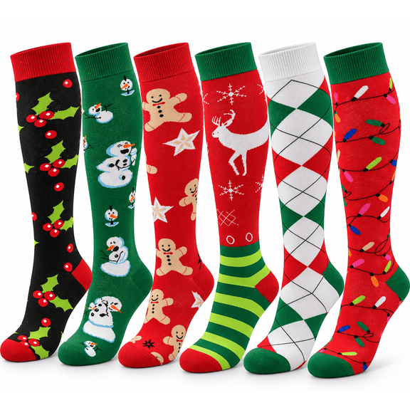 Sumona 6 Pairs Women Christmas Holidays Festive Fancy Design Knee High Socks