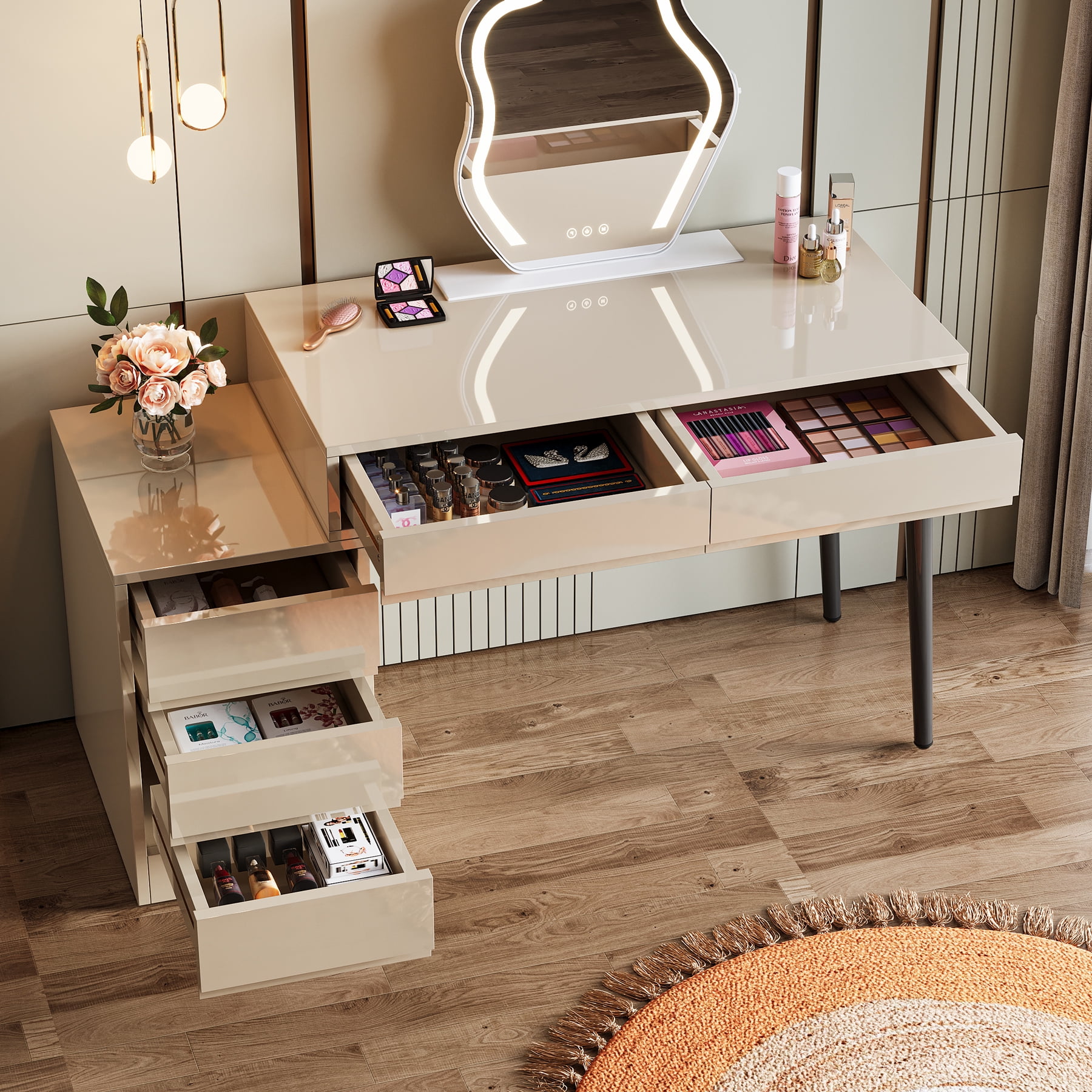 Finmind White Desk with 5 Drawers, Modern Home Office Desk with Storage Drawers and Printer Stand, Reversible Computer Desk Vanity Desk for Bedroom, Living Room
