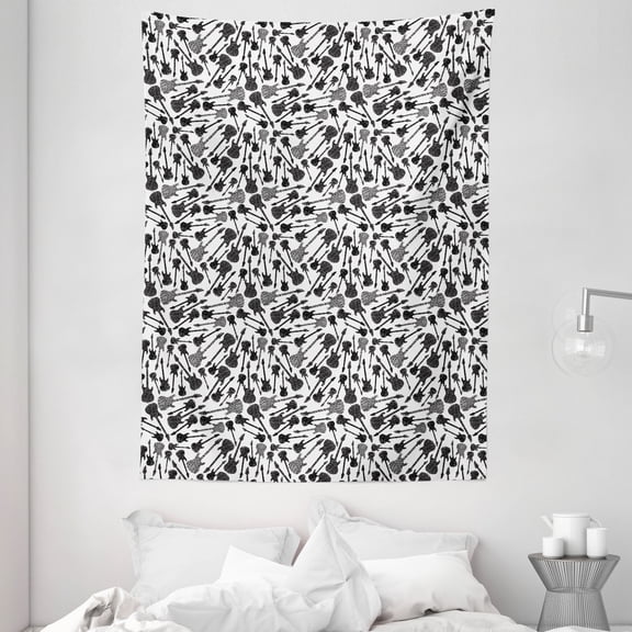 Music Tapestry, Grunge Style Hand Drawn Style Electric Guitars Sketch Rock Pop Vibes Print, Wall Hanging for Bedroom Living Room Dorm Decor, 60W X 80L Inches, Black Grey White, by Ambesonne