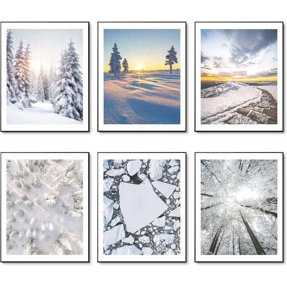 Canvas Winter Wall Art Prints Set of 6 Canvas Art Wall Artwork Winter Poster Ice Lake Snow Sunset Forest Frost Mountain Pictures Photo Paintings for Home Decoration Wall Decor (8"x10" UNFRAMED)
