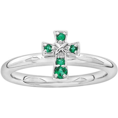 Stackable Expressions Created Emerald Sterling Silver Rhodium Cross Ring