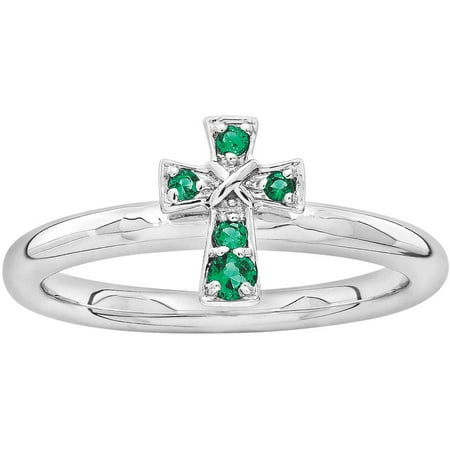 Created Emerald Cross - Stackable Expressions Created Emerald Sterling Silver Rhodium Cross Ring