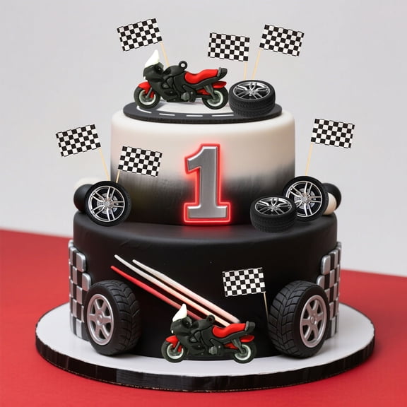 Motorcycle Race Cake Decor Set - 3D Soft Rubber Motorbike & Checkered Flags for Themed Parties