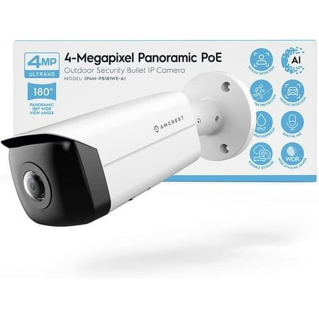 Amcrest Panoramic IP POE Camera, 180° Panoramic 4-Megapixel POE IP Bullet Camera, Security Outdoor Camera, 65ft Nightvision, IVS Features and People Counting, MicroSD Recording, IP4M-PB181EW-AI White