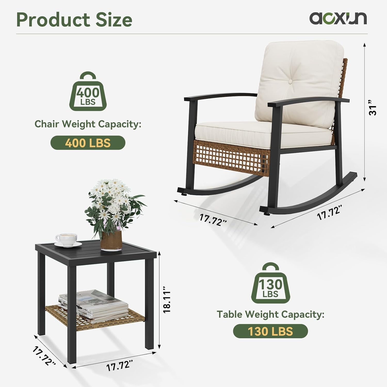 Aoxun 3-Piece Outdoor Rocking Bistro Set, Patio Furniture Set with Coffee Table and Thick Cushions, Wicker Rocking Chairs Set of 2 for Garden, Balcony, Backyard, Poolside (Beige)