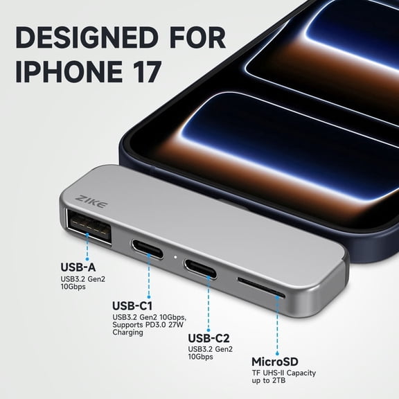 4-in-1 USB-C Extender with 10Gbps Ports,Lightweight USB-C Hub with 2*USB-C, 2*USB-A 3.2,Supports 27W fast charging,Multi-Port Hub for iPhone 17/16/15