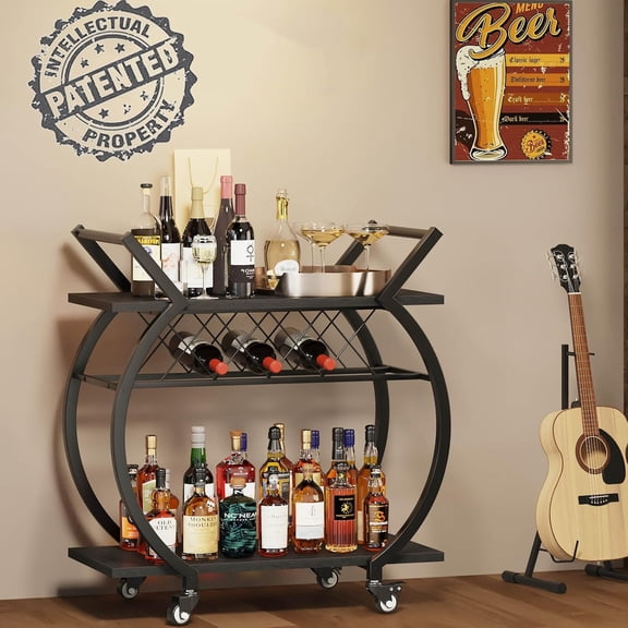 Black Wine Cart with Wheels, Modern Bar Cart with Wine Rack, Industrial Beverage Rolling Kitchen Serving Cart with Storage, Metal Wooden Microwave Drink Liquor Cart for Home Dining Room, Black Oak