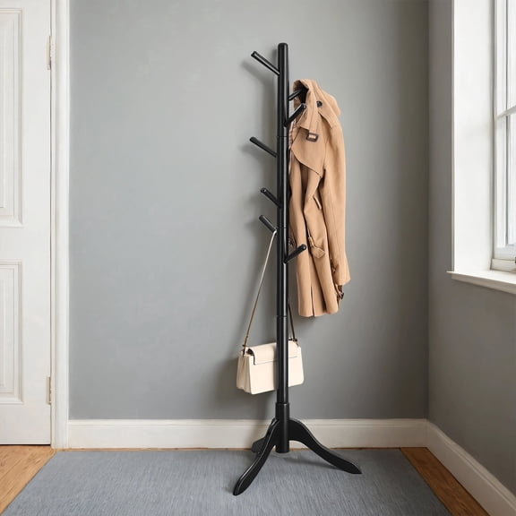 LEDREM Solid Wood Tree-Shaped Coat Rack with 8 Hooks, Adjustable Height Free Standing Coat Tree for Living Room and Bedroom, Ink Black