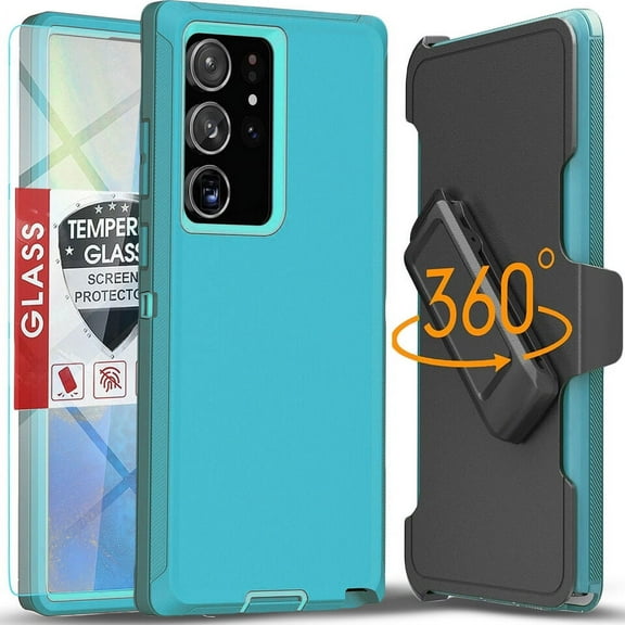 Starshop Galaxy S22 Plus case, With Tempered Glass Protector, Shockproof Protection Rugged Hybrid Drop Belt Clip Cover Teal