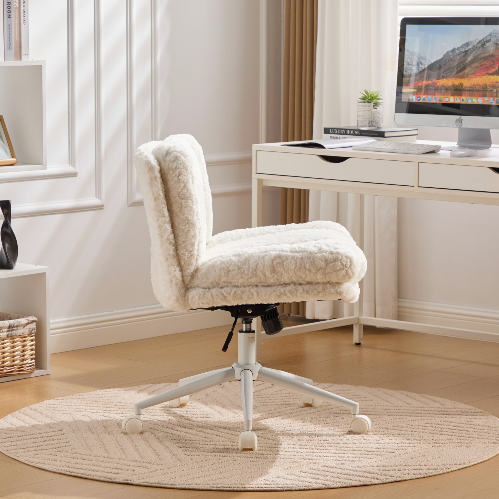 MAYEERTY 26.4 Inch Wide Seat Office Chair - Artificial Rabbit Hair, Metal Base, Adjustable Swivel, Vanity Chair, Cream