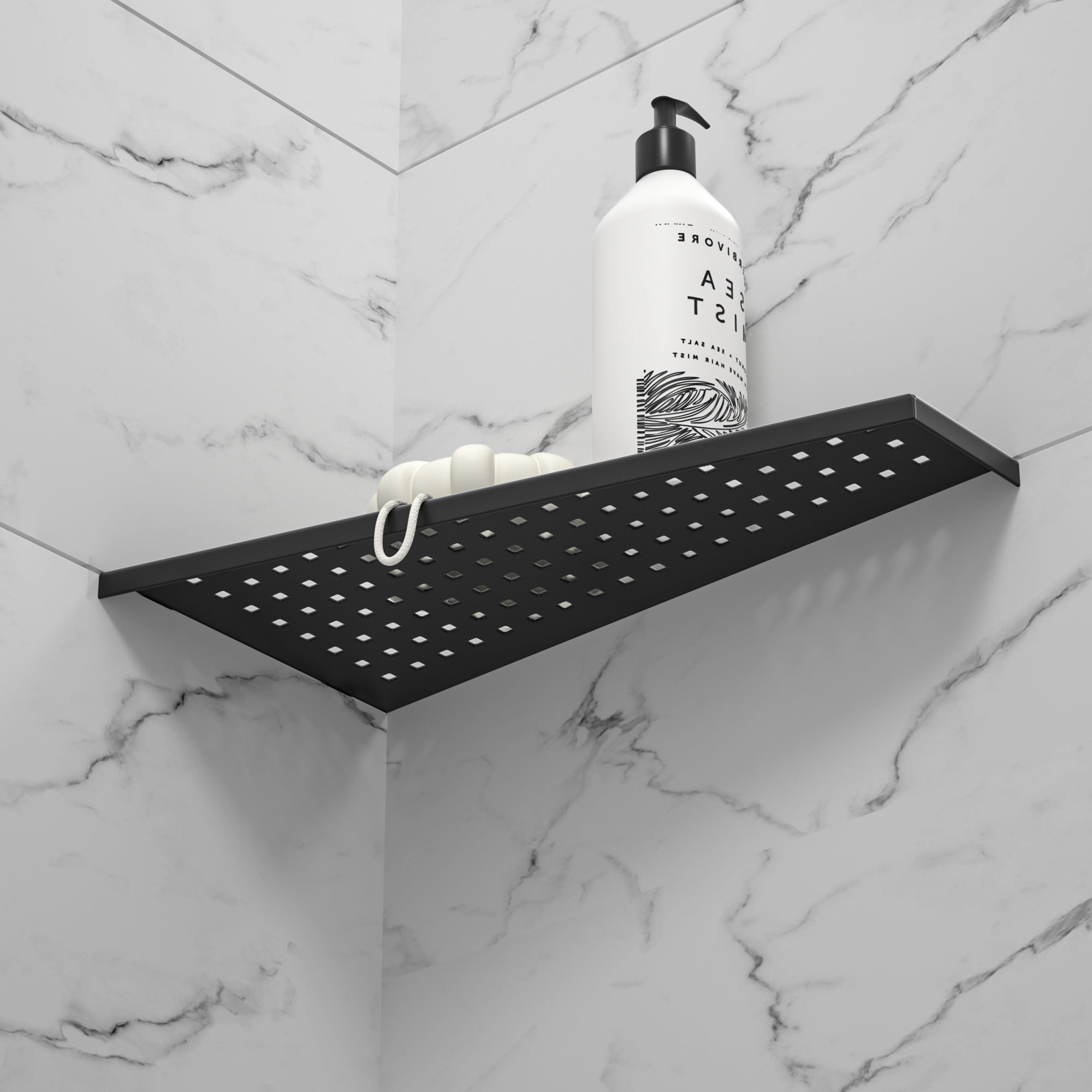 Bernkot Corner Shower Shelf Matte Black 12" Trapezoid Tiled Shelf with Grid Design 304 Stainless Steel, Recessed Bathroom Shelves for Bathroom Storage, Grouted Shelf 2 Pack