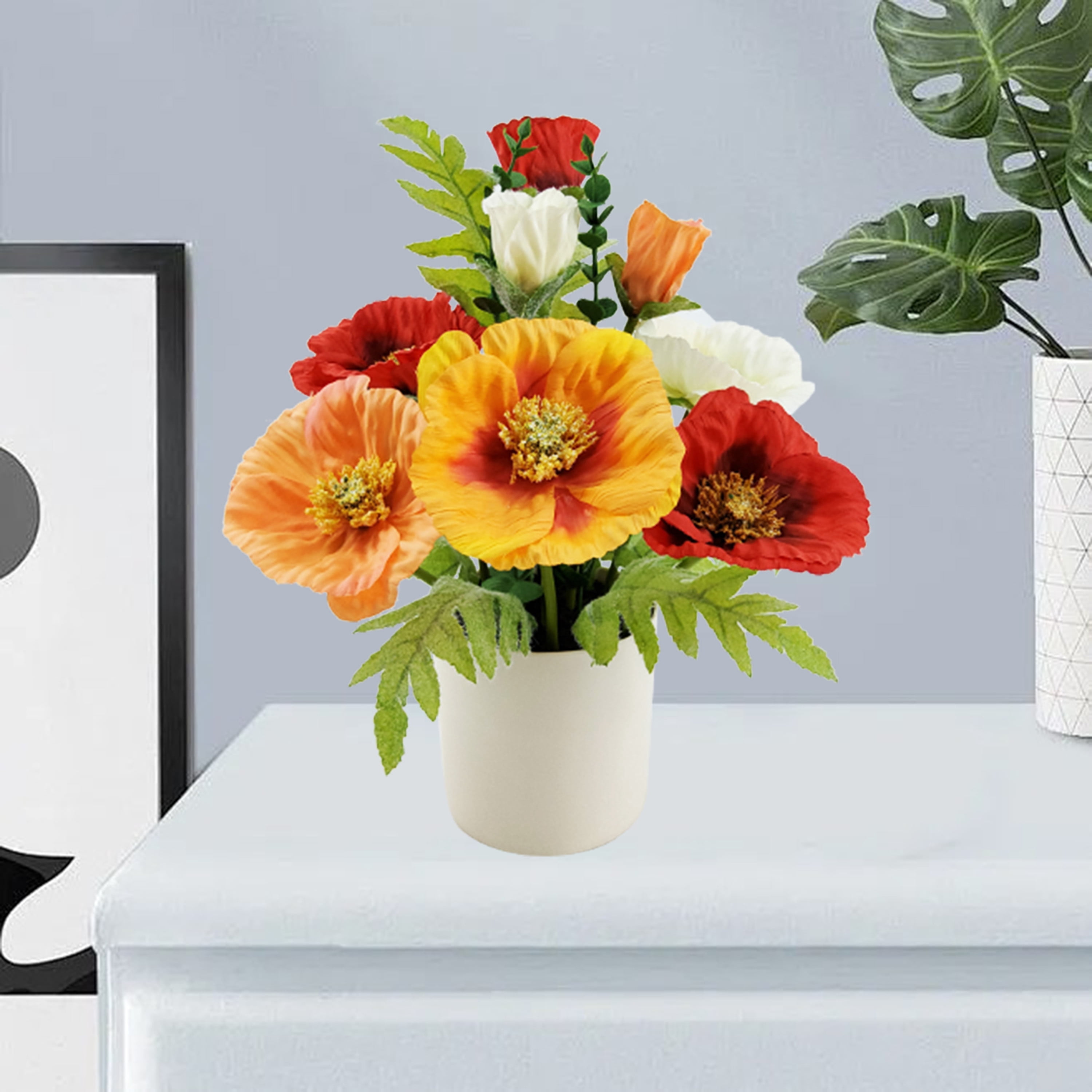 Mainstays Indoor 14.5 Inch Artificial Polyester Poppy In White Plastics Pot, Orange Color, 1 Piece