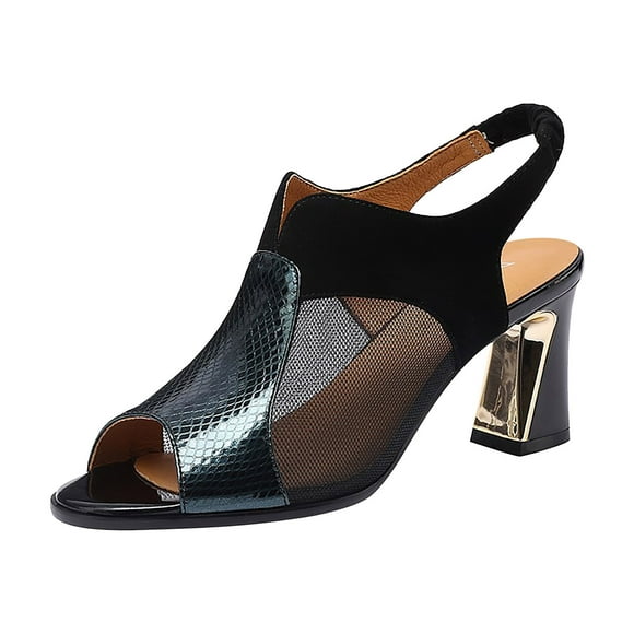 eczipvz Women Shoes Leather Stitching Sandals Female Thick With Hollow Mesh High Heel Women'S Shoes Soft Leather Ladies Fish Mouth Shoes,Black
