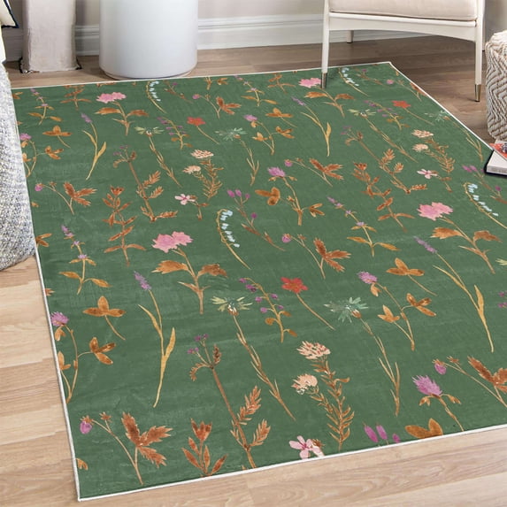 Floral Decorative Rug, Spring Season Themed Watercolors Painting of Herbs Flowers Botany Garden Art, Quality Carpet for Bedroom Dorm and Living Room, 6 Sizes, Reseda Green, by Ambesonne