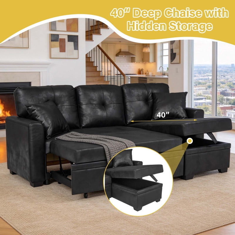 Sleeper Sofa Sectional with Pull-Out Bed – Reversible Chaise + Hidden Storage, Breathable Fabric, L-Shaped Couch for Small Spaces, Convertible Sofa Bed for Living Room