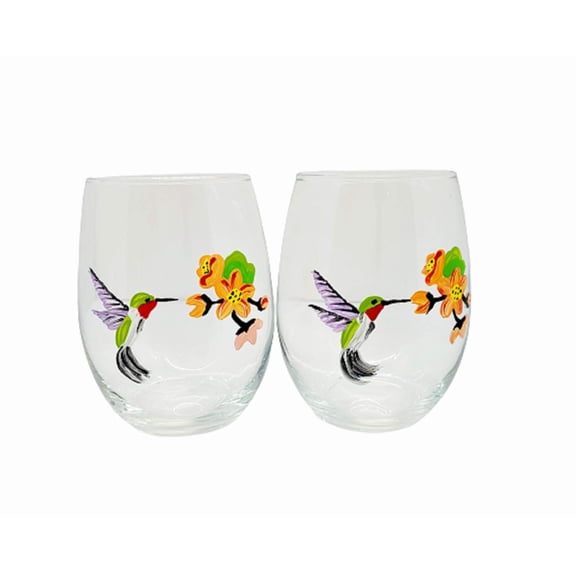 Hummingbird Hand Painted Stemless Wine Glasses Set of 2