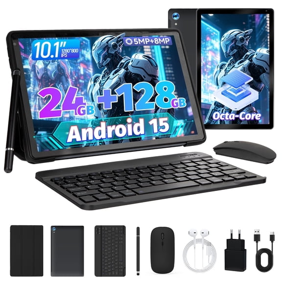 10 Inch Tablet with Keyboard and Mouse Set, Android 15, 128GB ROM, WiFi6, Widevine L1 HD Screen, 2-in-1 Tablet with Keyboard