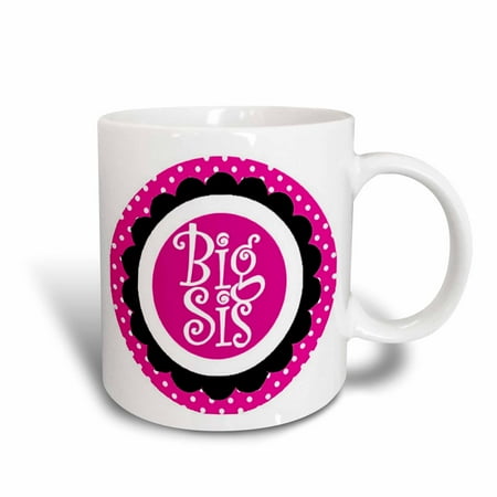 Classic Scallop Circle - 3dRose Big Sis Sister Pink Scallop And Polka Dots Circle Family Design, Ceramic Mug, 11-ounce