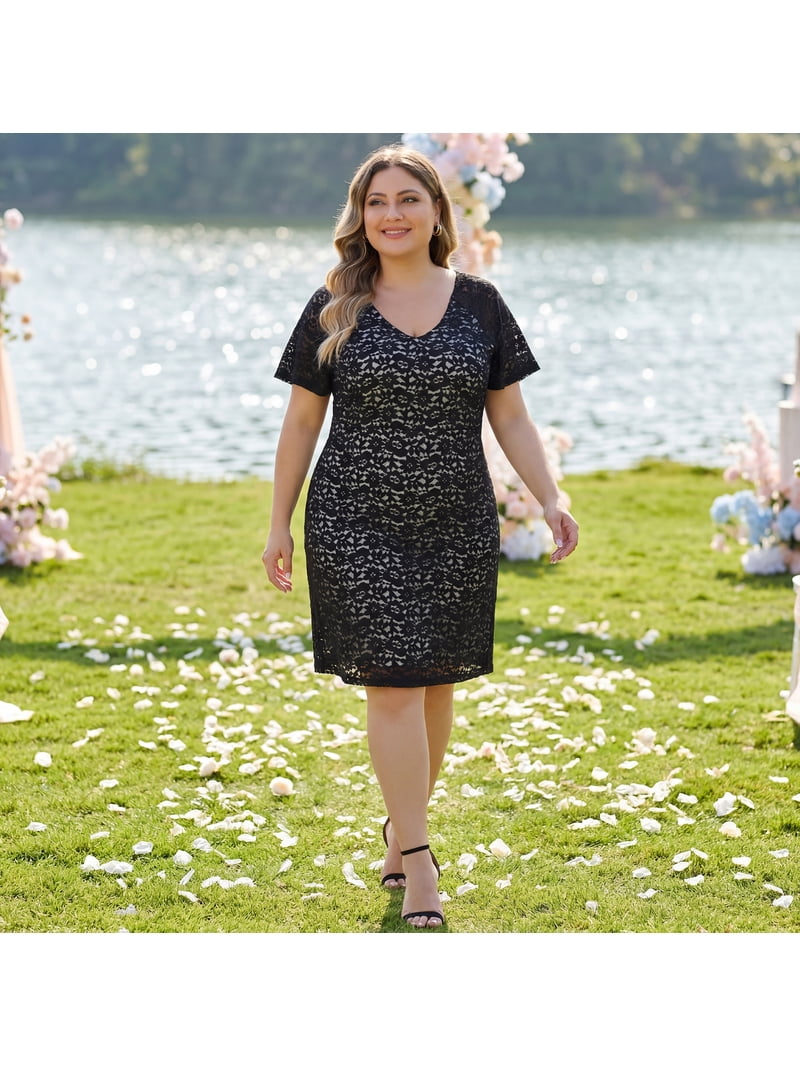 Agnes Orinda Women's Plus Size Guest Dress V Neck Short Sleeves Cocktail  Wedding Guest Bodycon Dress 1X Black