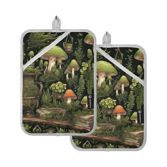 ALAZA Mushrooms Green Pot Holders Set of 2 Heat Resistant Kitchen Oven Mitts