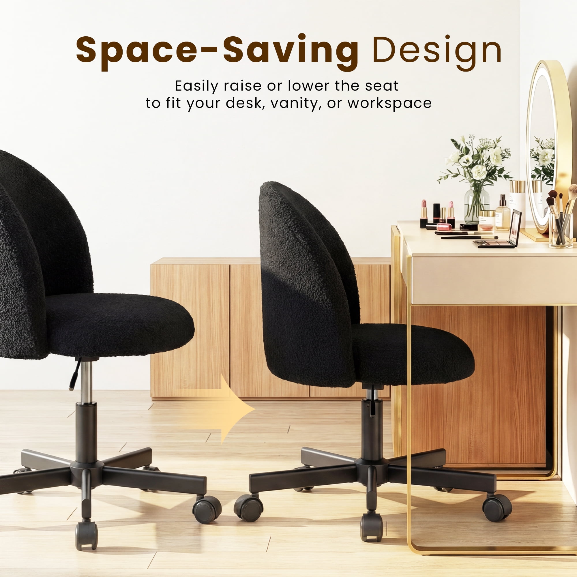 CELTOSS Home Office Desk Chair, Cute Teddy Fabric Swivel Vanity Stool, Mid Back Adjustable Armless Task Chair with Wheels, Black