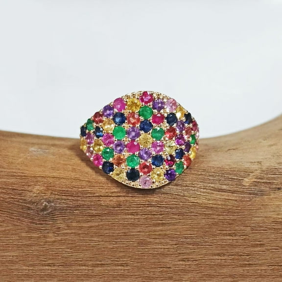 Rainbow Sapphire Gemstone Ring, Dome Ring, Minimalist Pave Set Ring, Stacking Ring, Party Wear Jewelry, Birthstone Ring,