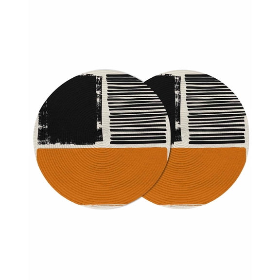 Orange Black Round 13 Inch Placemats Set of 2, Farmhouse Striped Modern Abstract Art HeatResistant Non Slip Place Mats for Dining Table, Wipeable Braided Kitchen Table Mats for Housewarming