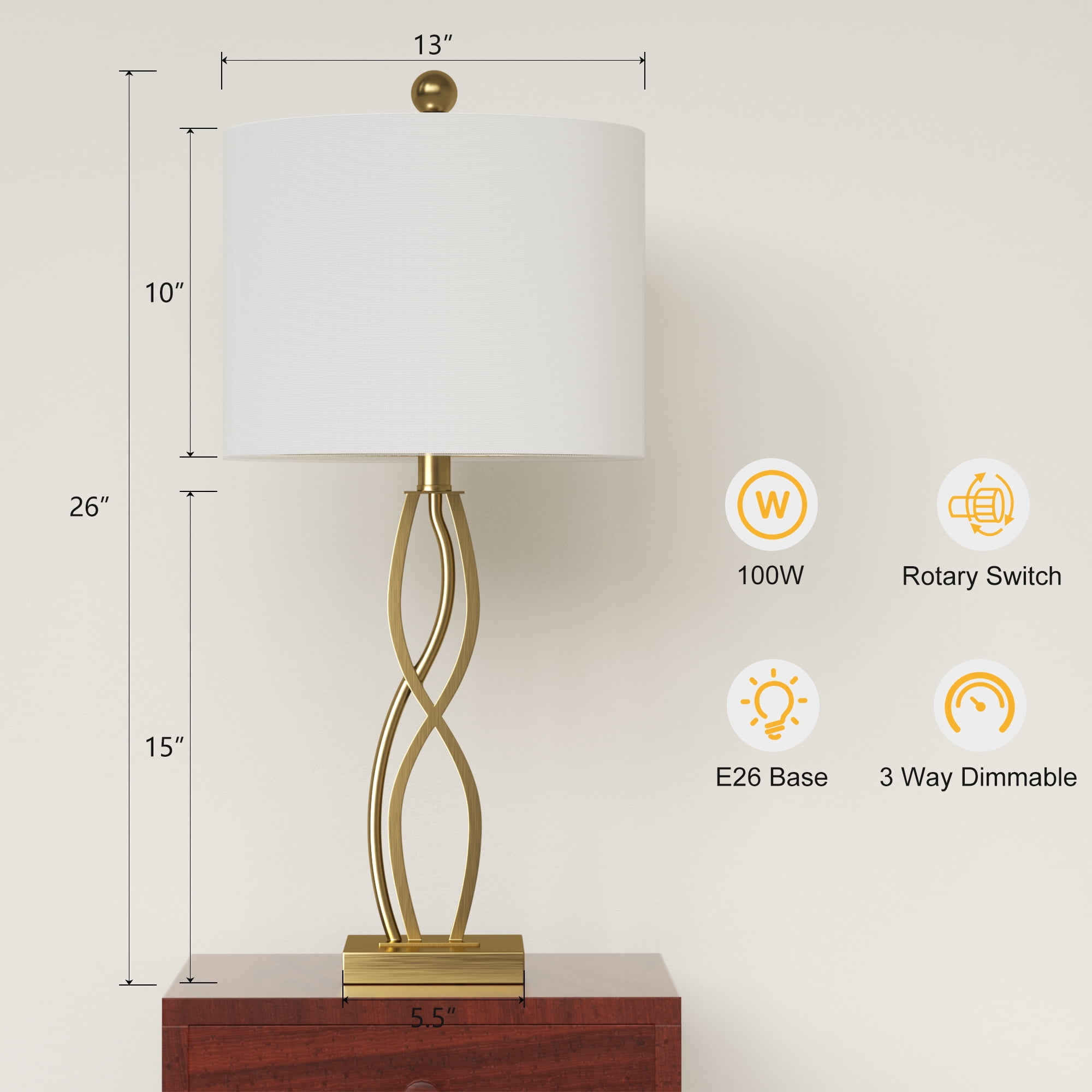 Maxax 26" Gold Table Lamps Set of 2 , Modern 3-Way Dimmable Bedside Lamps for Living Room, Bedroom, Nightstand, End Table, Office