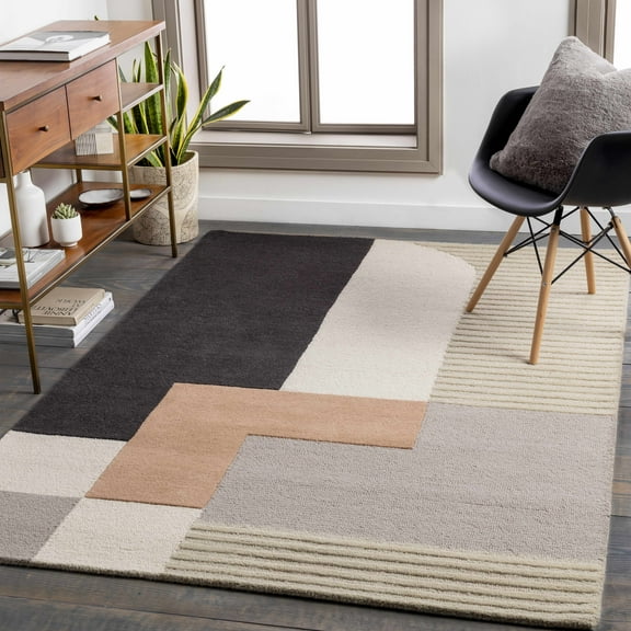 Hauteloom Glenmavis Wool Living Room, Bedroom Area Rug - Contemporary - Beige, Medium Gray, Black - 2' x 3'