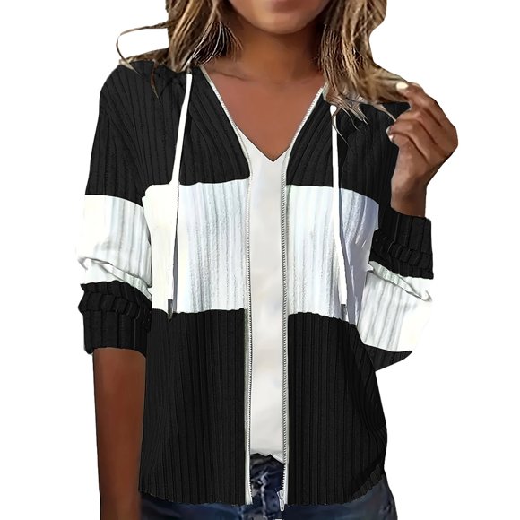 Women's Hoodies & Sweatshirts Fashion Ribbed Color Block Zip Up Casual Pullover Jacket for Daily Wear Fall Winter Outerwear