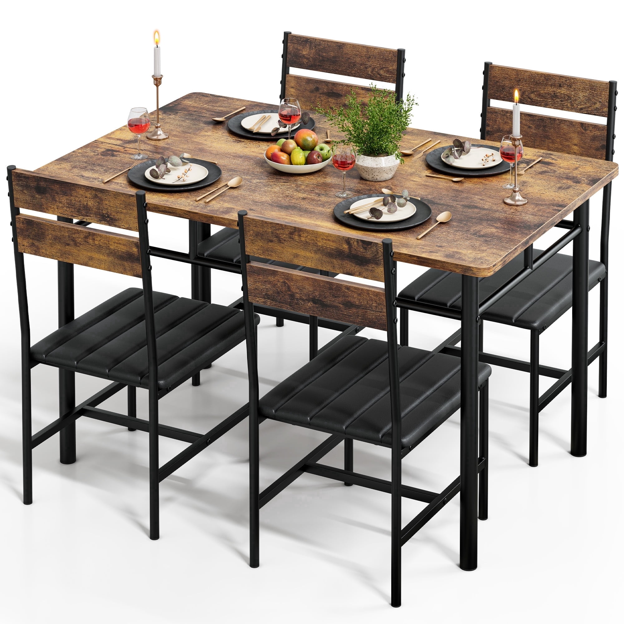 Mvvte 5-Piece Dining Table Set with Upholstered Padded Chairs, Industrial Kitchen Table Set with 4 Chairs for Small Space, Apartment, Mix Brown