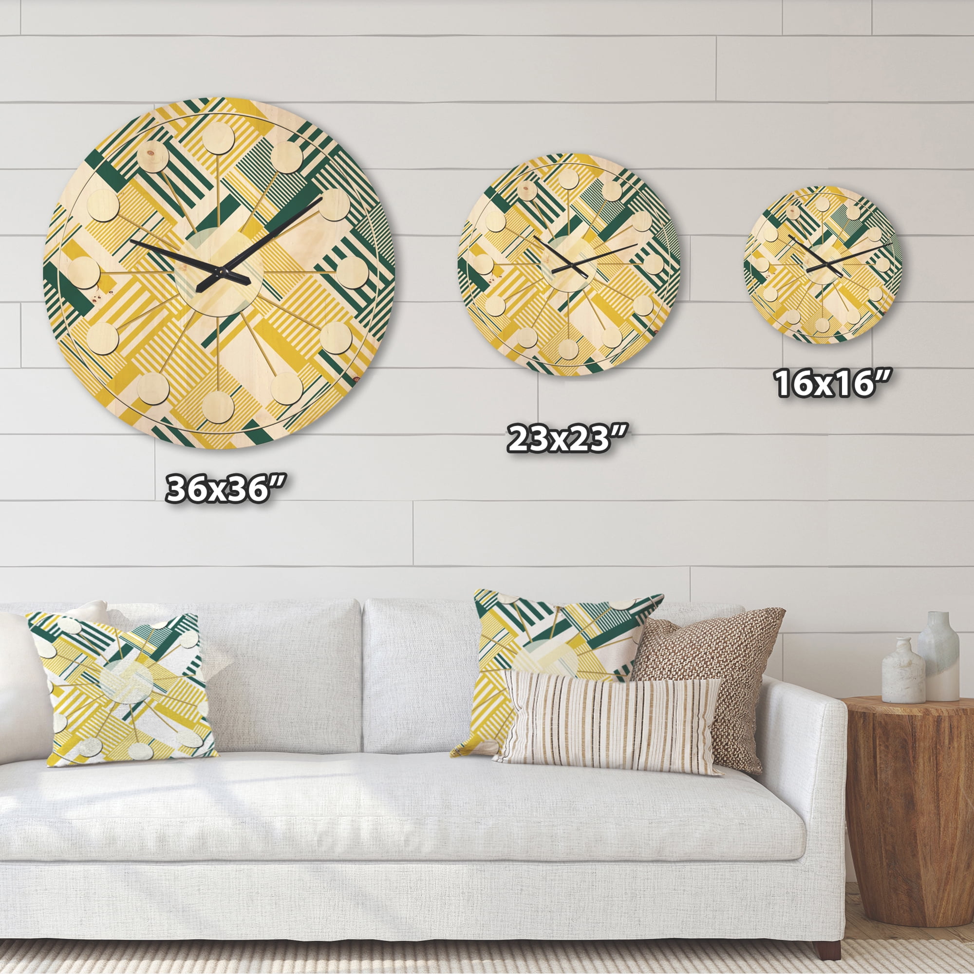 Designart 'Abstract Yellow and Green Diagonal Stripe Pattern' Mid-Century Modern Wood Wall Clock
