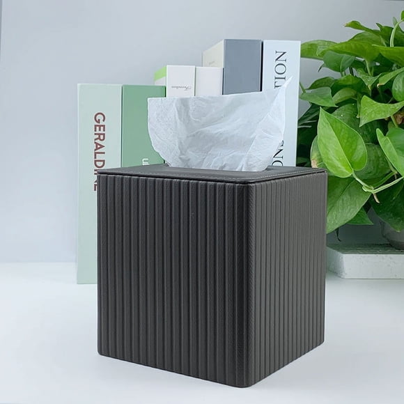 Zhuge Funda cuadrada de cuero para caja de pañuelos - Elegante soporte cúbico para caja de pañuelos, caja decorativa de PU para mesita de noche, cuadrícula blanca, gris oscuro